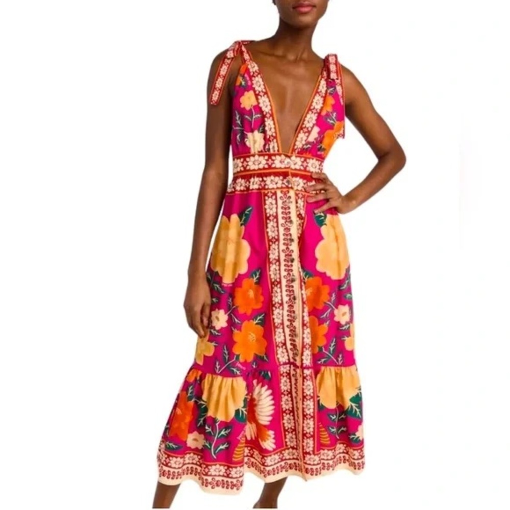 Farm Rio Fuchsia & Orange Floral Tie-Shoulder Midi Dress Size L